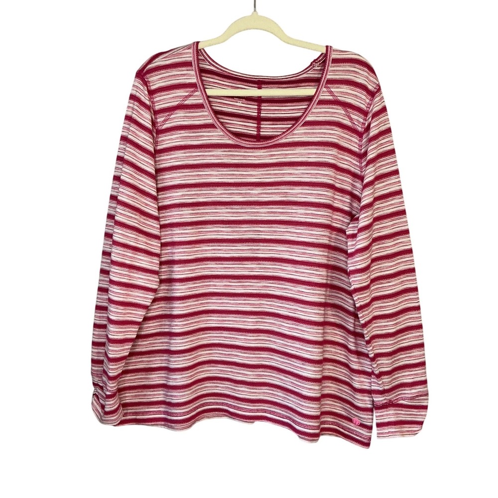 T by Talbots Pink White Striped Long Sleeve Scoop Neck Top‎ 2X Ruched Cuff